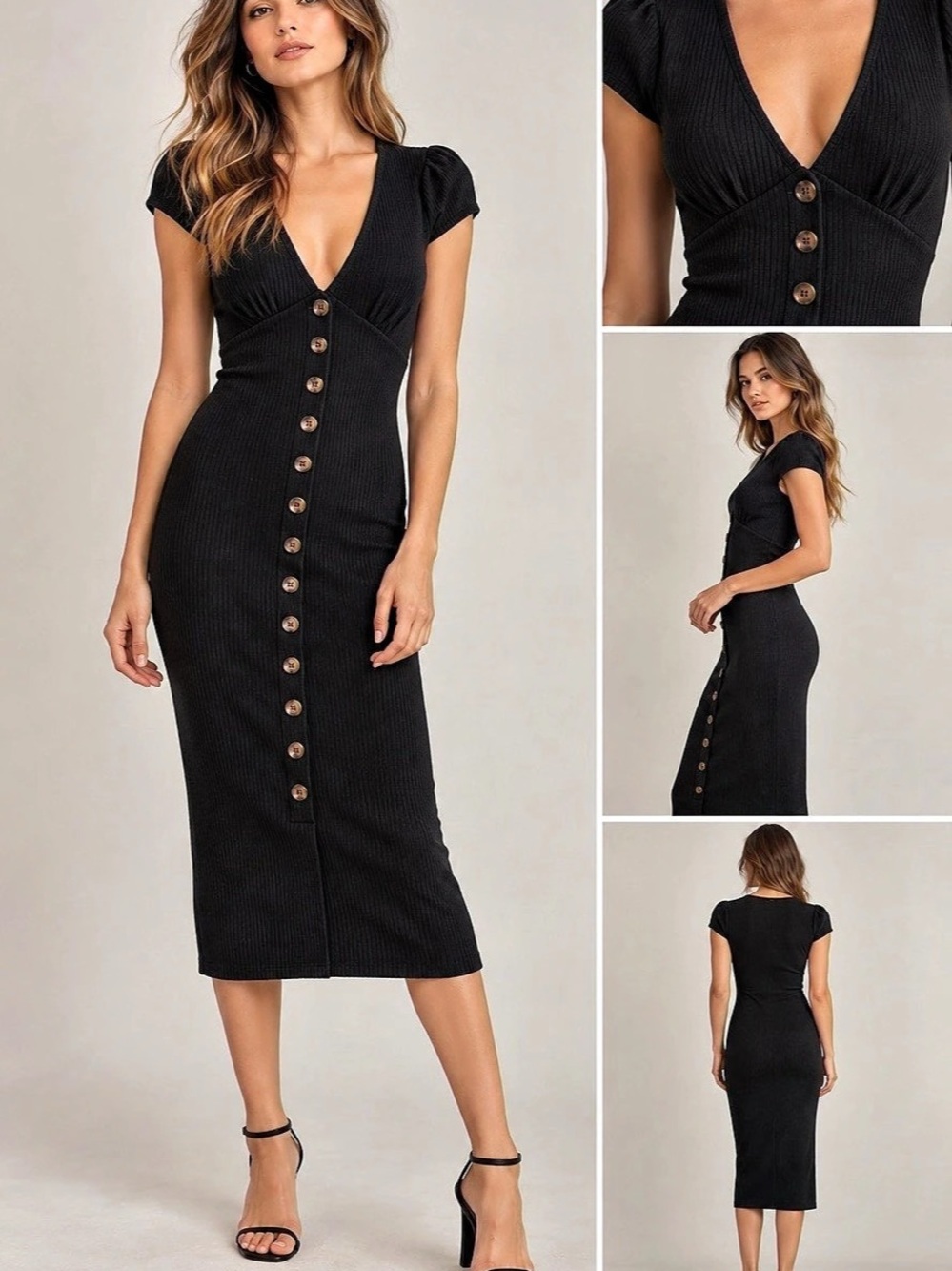 Topshop Black Ribbed Button Front Midi Dress | size 4